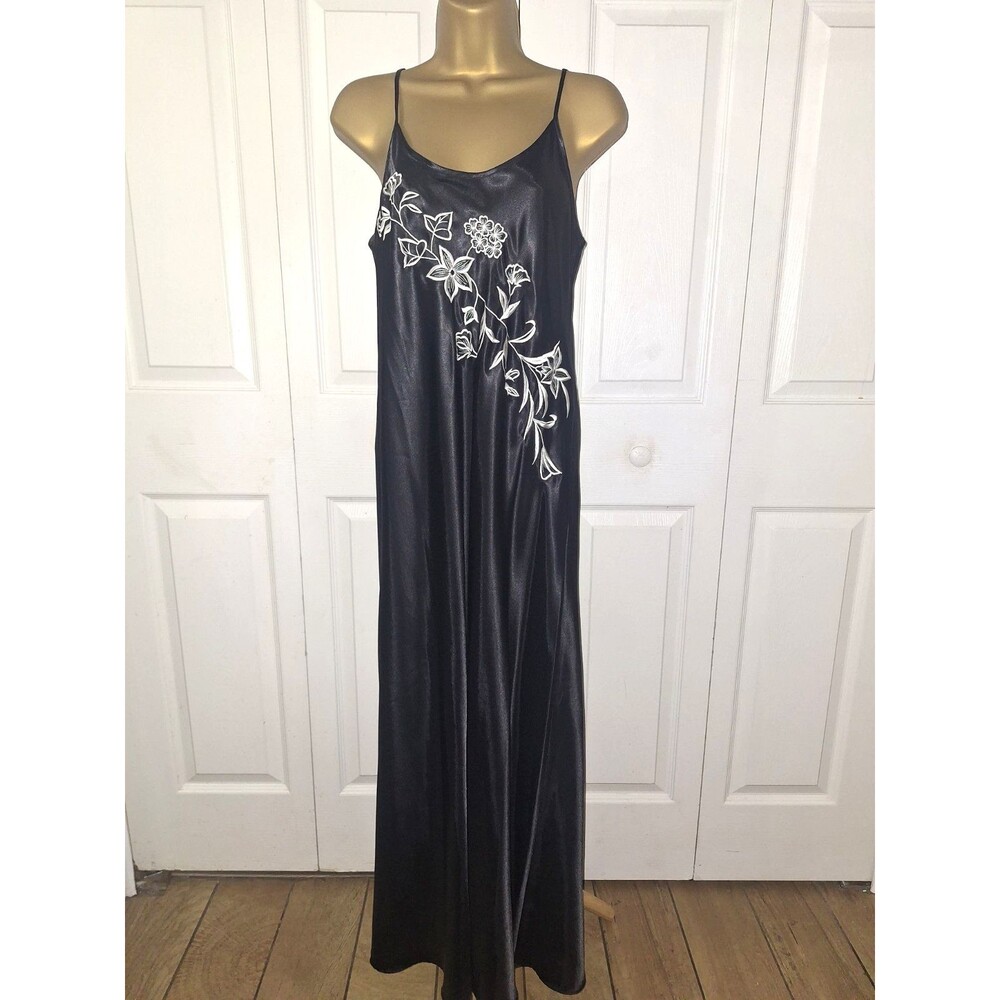 Y2K Black Satin Embroidered Slip Dress Medium Lace Up Floral Whimsigoth Cocktail